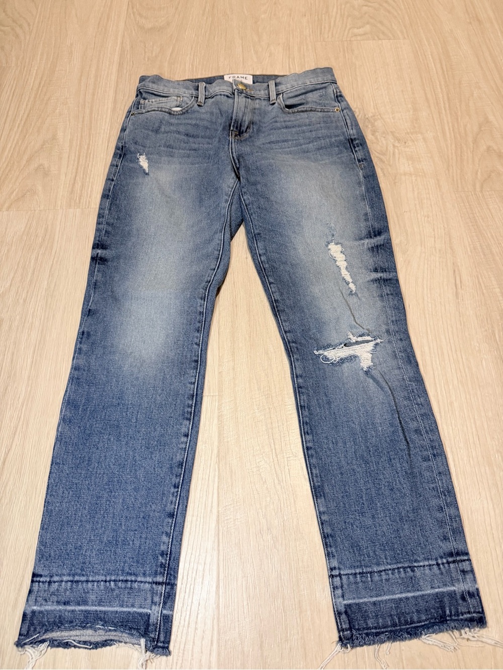 Frame Denim Light Blue Raw Hem Straight Leg Jeans